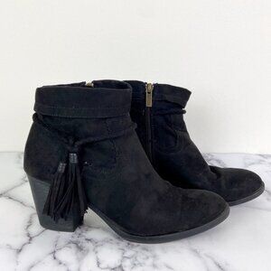 Bamboo Black Faux Suede Tassel Heeled Ankle Boots